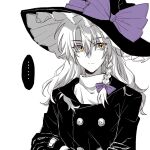 ... 1girl adapted_costume black_gloves black_hat black_jacket bow braid chinese_commentary commentary_request forbidden_scrollery gloves greyscale hair_bow hat hat_bow hitte5416 jacket kirisame_marisa long_hair long_sleeves monochrome purple_bow shirt simple_background single_braid solo spoken_ellipsis spot_color touhou upper_body white_background white_shirt witch_hat yellow_eyes 