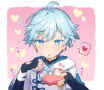  1boy bangs blue_eyes blue_hair box box_of_chocolates chinese_clothes chongyun_(genshin_impact) commentary_request eyebrows_visible_through_hair fingerless_gloves genshin_impact gift gift_box giving gloves hair_between_eyes happy_valentine heart heart-shaped_box holding holding_box holding_gift incoming_gift konmamion looking_at_viewer male_focus open_mouth ribbon short_hair simple_background solo spoken_heart sweat translated valentine 