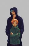  2boys :p absurdres back-to-back black_hoodie bleach blue_eyes blue_hair choko_egg green_jacket grey_background grimmjow_jaegerjaquez hands_in_pockets height_difference highres hood hoodie jacket kurosaki_kazui long_sleeves looking_at_viewer male_focus multiple_boys orange_hair short_hair standing tongue tongue_out upper_body 