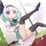  1girl black_bow black_bowtie black_footwear bob_cut bow bowtie collared_shirt frilled_skirt frills futa_(nabezoko) green_skirt green_vest hitodama_print konpaku_youmu panties puffy_short_sleeves puffy_sleeves shirt short_hair short_sleeves skirt skirt_set solo touhou underwear vest white_hair white_shirt 