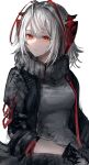  +_+ 1girl ahoge antennae arknights black_gloves black_jacket black_scarf breasts demon_horns expressionless gloves grey_hair grey_shirt hair_between_eyes highres horns jacket looking_at_viewer medium_breasts nanaponi open_clothes open_jacket orange_eyes scarf shirt short_hair simple_background sketch sleeves_past_elbows solo upper_body w_(arknights) white_background 