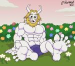  2021 abs anthro arm_hair artist_name asgore_dreemurr beard biceps blonde_hair body_hair boss_monster bovid brown_eyes bulge caprine chest_hair claws clothed clothing detailed_background digital_media_(artwork) doritohead facial_hair feet fingers flower foot_focus fur goat hair hi_res horn long_ears looking_at_viewer male mammal mature_anthro mature_male muscular muscular_anthro muscular_male outside pecs plant shrub signature sitting smile solo toes tongue topless topless_anthro topless_male undertale undertale_(series) video_games white_body white_fur 