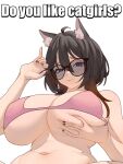 3:4 animal_ears animal_humanoid black_hair blue_eyes bra breasts canid canine clothing digital_media_(artwork) ear_tuft eyewear felid feline female glasses hair half-length_portrait half_naked hand_on_breast hand_on_glasses hi_res humanoid lens mammal pink_bra pink_clothing pink_underwear portrait solo text tuft underwear unknown_artist wearing_glasses white_body
