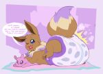 2026 ambiguous_gender blue_sclera blush blush_lines brown_body brown_fur brown_inner_ear brown_pawpads brown_tail bubblepuppers clothed clothing dialogue diaper diaper_only dipstick_tail eevee ellipsis emphatic_ellipsis english_text everstone feces feral full-length_portrait fur generation_1_pokemon hi_res jewelry looking_at_viewer looking_back lying male_(lore) markings meep_the_eevee multicolored_body multicolored_fur multicolored_tail necklace nintendo on_front one_eye_closed open_mouth open_smile pattern_diaper pawpads plushie pokemon pokemon_(species) pooping portrait purple_body purple_fur purple_tail purple_tail_tip rain_world raised_leg slugcat smile soiled_diaper soiling soiling_diaper solo speech_bubble tail tail_markings talking_to_viewer tan_body tan_fur tan_tail teeth text tongue topless unclean_diaper used_diaper videocult wearing_diaper wetness_indicator