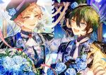  2boys amanemio2 beads black_hat blonde_hair blue_eyes blue_flower blue_rose bouquet chain commentary ensemble_stars! floral_print flower gears green_hair hair_between_eyes hand_on_another's_head hat holding holding_bouquet human_comedy_(ensemble_stars!) itsuki_shu kagehira_mika lapels long_hair long_sleeves looking_at_another mademoiselle_(ensemble_stars!) male_focus multiple_boys necktie notched_lapels official_alternate_costume open_mouth picture_frame pink_hair pink_ribbon purple_eyes ribbon rose short_bangs short_hair smile sweat symbol-only_commentary teeth upper_body valkyrie_(ensemble_stars!) yellow_eyes yellow_flower 