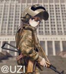  1993_russian_constitutional_crisis 1girl altyn_helmet artist_name assault_rifle brown_hair camouflage combat_helmet commentary english_commentary glasses grey_eyes gun helmet highres holding holding_gun holding_weapon kalashnikov_rifle laitumidane load_bearing_vest looking_at_viewer original rifle russian_white_house solo weapon 