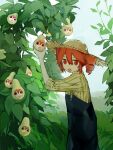  1girl arm_up blue_overalls commentary drill_hair english_commentary feet_out_of_frame food from_side fruit hair_between_eyes hat highres holding holding_food holding_fruit kasane_teto looking_at_viewer mizhou_(mzhu112646) open_mouth outdoors overalls pear pearto plant red_eyes red_hair shirt solo standing striped_clothes striped_shirt sun_hat twin_drills utau 