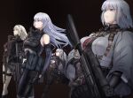  4girls ak-12 ak-12_(girls&#039;_frontline) ak-15 ak-15_(girls&#039;_frontline) ammunition_belt an-94 an-94_(girls&#039;_frontline) aqua_eyes assault_rifle bangs black_background black_cape black_gloves black_pants blonde_hair bodysuit braid breasts cape closed_eyes closed_mouth commentary defy_(girls&#039;_frontline) eyebrows_visible_through_hair feet_out_of_frame girls&#039;_frontline gloves grey_hair gun hair_ornament hairclip hand_in_own_hair highres holding holding_gun holding_weapon jacket kalashnikov_rifle large_breasts long_hair looking_away machine_gun mask mask_around_neck medium_breasts megane_jigoku multiple_girls navel pants purple_eyes rifle rpk-16 rpk-16_(girls&#039;_frontline) short_hair shorts standing tactical_clothes weapon white_jacket white_shorts 