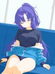  1girl absurdres black_shirt blue_archive blue_jacket breasts buruma closed_eyes commentary_request highres indoors jacket jacket_partially_removed long_hair majikichi915 ponytail purple_hair shirt sitting sleeping star_(symbol) star_sticker sticker sticker_on_face thighs yuuka_(blue_archive) yuuka_(track)_(blue_archive) zipper 