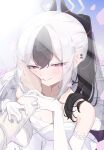  1boy 1girl absurdres bare_shoulders black_hair black_horns blue_archive bride bright_pupils closed_mouth commentary_request crying crying_with_eyes_open demon_horns demon_wings dokuwachichi dress earclip elbow_gloves gloves grey_halo halo hand_on_another's_cheek hand_on_another's_face hands_on_another's_arm happy_tears highres horns jewelry kayoko_(blue_archive) long_hair looking_at_viewer low_wings multicolored_hair ponytail pov pov_hands red_eyes ring single_wing smile strapless strapless_dress sunlight tears two-tone_hair wedding_dress wedding_ring white_dress white_gloves white_hair white_pupils wings 