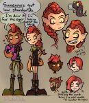  absurdres arrow_(symbol) artist_name asymmetrical_hair black_mask black_overalls black_shirt blush boots braid brown_boots brown_socks chum_(splatoon) closed_mouth colored_sclera commentary covered_mouth dark_skin doodzoodz english_commentary english_text fang fangs fish_boy fish_girl frying_pan gloves green_boots green_pants green_shirt grey_background heart highres holding holding_frying_pan humanization inkling inkling_(swim_form) long_hair mask missing_tooth mohawk mouth_mask nostrils open_mouth orange_gloves original overall_shorts overalls pale_skin pants personification pointy_ears red_hair salmonid shirt short_hair short_sleeves sidecut simple_background single_braid smile socks speech_bubble splatoon_(series) squid standing undercut yellow_sclera 