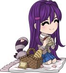  1girl ^_^ artist_request baguette blazer blue_skirt blush bread bread_slice closed_eyes closed_mouth collared_shirt commentary cup deformed doki_doki_literature_club doki_doki_literature_club_school_uniform english_commentary eyelashes food grey_jacket hair_intakes hair_ornament hairclip holding holding_cup jacket kneeling long_hair long_sleeves merchandise_available neck_ribbon no_nose official_art petals picnic_basket picnic_blanket pink_petals purple_hair raccoon red_ribbon ribbon school_uniform second-party_source shirt skirt smile socks solo transparent_background very_long_hair white_shirt white_socks youtooz yuri_(doki_doki_literature_club) 