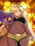  1girl alternate_costume black_nails blonde_hair blue_eyes blush bodystocking book breasts bridal_gauntlets closed_mouth commentary cosplay covered_navel crown earrings english_commentary explosion explosion_background fire_emblem fire_emblem_awakening from_below hair_over_one_eye highres holding holding_book jewelry large_breasts long_hair looking_to_the_side mario_(series) mnejing30 open_book pelvic_curtain rosalina smile solo star_(symbol) star_earrings tharja_(fire_emblem) tharja_(fire_emblem)_(cosplay) the_super_mario_galaxy_movie tiara very_long_hair 