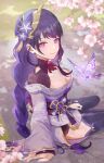  1girl back_bow blue_pupils blunt_bangs blurry bow braid breasts bridal_gauntlets bug butterfly cherry_blossoms cleavage closed_mouth clothing_cutout commentary crystalfly_(genshin_impact) depth_of_field fan_hair_ornament from_side genshin_impact glowing glowing_butterfly grass happy_birthday highres huge_breasts japanese_clothes kimono light_smile lingerie long_braid long_hair looking_at_viewer looking_to_the_side mole mole_under_eye multicolored_eyes neck_ribbon off_shoulder on_ground outdoors purple_eyes purple_hair purple_kimono purple_thighhighs raiden_shogun red_ribbon red_sash ribbon saigawa_genshin sash shade shoulder_cutout single_braid sitting solo thighhighs underwear upper_body 