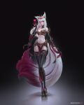 1girl absurdres ahri_(league_of_legends) animal_ears armor bikini_armor black_legwear bra breasts claws cleavage elbow_gloves fanfoxy fox fox_ears fox_girl fox_tail gloves god heart high_heels highres king_(vocaloid) kitsune league_of_legends long_hair looking_at_viewer medium_breasts multiple_tails queen red_lips solo tail thighhighs underwear white_hair 