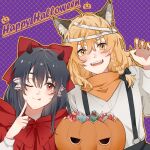  2girls :q alternate_costume animal_ear_fluff animal_ears bandaged_head bandages bandana bandana_around_neck big_bad_wolf big_bad_wolf_(cosplay) black_bow black_hair blonde_hair blush bow braid chinese_commentary claw_pose cloak closed_mouth commentary_request cosplay hair_bow hair_tubes hakurei_reimu halloween halloween_bucket halloween_costume happy_halloween hitte5416 horns jack-o'-lantern kirisame_marisa little_red_riding_hood_(fairy_tale) little_red_riding_hood_(fairy_tale_character) little_red_riding_hood_(fairy_tale_character)_(cosplay) long_hair multiple_girls one_eye_closed open_mouth orange_bandana orange_outline outline purple_background red_bow red_cloak red_eyes shirt side_braid single_braid smile suspenders tongue tongue_out touhou white_shirt wolf_ears yellow_eyes 