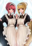  2girls absurdres alternate_costume apron bangs breasts enmaided haruto_yuki highres large_breasts maid maid_apron maid_headdress multiple_girls mythra_(xenoblade) pyra_(xenoblade) red_eyes red_hair short_hair swept_bangs xenoblade_chronicles_(series) xenoblade_chronicles_2 yellow_eyes 