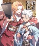  1boy 1girl alternate_eye_color black_eyes bleach blue_haori breasts commentary_request commission english_commentary furisode green_eyes hagoita hakama hanetsuki haori highres hitsugaya_toushirou holding holding_paddle holding_paintbrush japanese_clothes kimono large_breasts matsumoto_rangiku mixed-language_commentary mole mole_under_mouth obi open_mouth orange_hair paddle paintbrush red_kimono saba_miso sash second-party_source skeb_commission smile sweatdrop white_hair wide_sleeves 