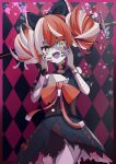  1girl absurdres ahoge black_bow black_dress black_nails bow colored_skin commentary_request cross-shaped_pupils diamond-shaped_pupils diamond_(shape) double_bun dress fangs gradient_eyes green_eyes grey_skin hair_bow hair_bun highres hololive hololive_indonesia kureiji_ollie kureiji_ollie_(1st_costume) looking_at_viewer medium_hair multicolored_eyes nail_polish open_mouth patchwork_skin pink_streaks red_eyes red_hair smile solo sword symbol-shaped_pupils torn_clothes torn_dress weapon yellow_eyes yuni_animal_(remyi_3) zombie 