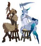  2boys animal_ears animal_feet animal_hands arm_guards armlet armor bangle black_sclera blue_eyes blue_fur blue_hair blue_skin bracelet brown_fur brown_hair claws colored_sclera colored_skin crossed_legs dark_skin digitigrade feathers fingernails full_body goat_ears goat_horns goat_tail hair_between_eyes hand_on_own_knee hand_up holding holding_staff hooves horizontal_pupils horns jewelry knee_pads looking_at_viewer looking_away male_focus medium_hair monster_boy multiple_boys no_feet nude original satyr scythe sharp_fingernails short_hair shoulder_armor single_horn sitting staff stool white_background yellow_eyes yuzu_shio 