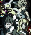  2boys 2girls 9aaaalt29 abstraction_(the_amazing_digital_circus) animal_ears antenna_hair antlers bare_arms bare_shoulders black_background black_eyes black_hair black_sweater_vest blonde_hair blue_shirt blunt_bangs brown_hair buck_teeth cashier_girl_(no_i'm_not_a_human) clenched_teeth collarbone collared_shirt colored_sclera colored_skin colored_teeth commentary_request dark-skinned_female dark_skin deer_antlers deer_ears deer_girl deltarune double-parted_bangs fewer_digits finger_to_cheek furry furry_female furry_male gloves green_eyes grid_teeth hair_behind_ear hair_between_eyes hand_on_own_cheek hand_on_own_chest hand_on_own_face hand_up hands_up highres horns jax_(the_amazing_digital_circus) long_hair looking_at_viewer looking_down multiple_boys multiple_girls no_i'm_not_a_human noelle_holiday official_alternate_eye_color omori overalls pink_overalls pixel_art purple_skin rabbit_boy red_sclera scared shaded_face shirt short_bangs short_hair short_sleeves simple_background something_(omori) sunny_(omori) sweat sweater_vest t-shirt teeth the_amazing_digital_circus trait_connection upper_body utdr_(toby_fox) very_short_hair white_eyes white_shirt wide-eyed yellow_gloves yellow_sclera yellow_teeth 