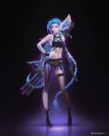  1girl absurdres arcane:_league_of_legends bare_shoulders blue_hair boots braid braided_ponytail breasts elbow_gloves fanfoxy fingerless_gloves gloves gun highres holding holding_gun holding_weapon jinx_(league_of_legends) league_of_legends long_hair looking_at_viewer pants pink_eyes red_lips single_thighhigh small_breasts thighhighs weapon 