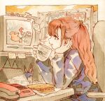  1girl cake calendar_(object) chair coffee coffee_mug commentary cup desk english_commentary eudetenis food from_side green_eyes half_updo head_rest highres holding holding_cake holding_cup holding_food indoors leaning_forward long_hair mug office_chair office_lady orange_hair original pen profile purple_suit sandwich shirt sidelocks sleeve_cuffs solo sticky_note suit swivel_chair traditional_media watching_television wavy_hair white_shirt woody_woodpecker 