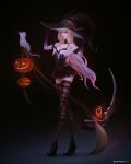  1girl absurdres blonde_hair bra breasts broom candy cleavage fanfoxy food green_eyes halloween hat highres holding holding_clothes holding_hat lace lace_bra long_hair looking_at_viewer medium_breasts miniskirt original pumpkin red_lips scythe skirt thighhighs underwear weapon witch witch_hat 
