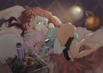  2girls ahoge bare_legs barefoot bed cellphone commentary couple cuddling grey_hair gundam gundam_suisei_no_majo haro holding holding_phone hug lamp looking_at_another mak_(kainemaru) miorine_rembran multiple_girls phone red_hair short_shorts shorts smartphone suletta_mercury toeless_socks tomato tray yuri 