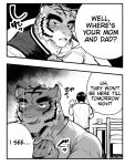  anthro bodily_fluids chair clothing comic duo english_text felid fist fur furniture glistening glistening_eyes hair hi_res hiroyuki_(morenatsu) human human_on_anthro interspecies japanese_text licking licking_lips male male/male mammal morenatsu muscular muscular_anthro muscular_male pantherine saikorodekimeru shirt speech_bubble striped_body striped_fur stripes sweat table text tiger tongue tongue_out topwear torahiko_(morenatsu) video_games visual_novel 