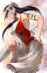  1girl arm_tattoo armpits bandaged_leg bandages black_hair bleach blue_eyes breasts cowboy_shot grin halterneck large_breasts red_shirt shiba_kuukaku shirt skirt sleeveless sleeveless_shirt smile solo soraao0322 tattoo teeth white_skirt 