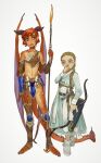  2girls absurdres animal_hands armor blonde_hair blue_dress blue_eyes bow_(weapon) braid colored_sclera colored_skin contrapposto dragon_girl dragon_horns dragon_tail dragon_wings dress flat_chest grey_legwear hair_over_shoulder height_difference heterochromia highres holding holding_bow_(weapon) holding_polearm holding_weapon horn_(instrument) horns long_hair long_sleeves looking_at_another monster_girl mossacannibalis multiple_girls navel original parted_lips pointy_ears polearm quiver red_eyes red_hair red_skin sash scales short_hair simple_background socks spear standing tail weapon white_background white_sash wings yellow_eyes yellow_sclera 