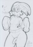  2022 anthro anthrofied balls blush bottomless clothed clothing eyewear flaccid floppy_ears foreskin genitals glasses graphite_(artwork) lagomorph leporid long_sleeves looking_at_viewer lunaris_parukia male mammal nintendo paul_(lunaris_parukia) penis pok&eacute;mon pok&eacute;mon_(species) pok&eacute;morph rabbit round_glasses scorbunny sleeves_past_fingers sleeves_past_wrists smile smiling_at_viewer solo sweater sweater_only topwear topwear_only traditional_media_(artwork) video_games 