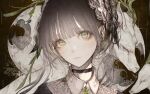  1girl absurdres bangs black_choker choker collared_shirt commentary english_commentary expressionless eyebrows_visible_through_hair green_eyes grey_hair highres hito_komoru light_blush looking_at_viewer original parted_lips portrait shirt solo 