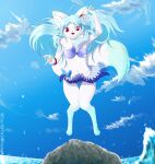  absurd_res anthro beach blue_hair breasts canid canine clothing day eryz female fluffy fluffy_tail fox hair hi_res looking_at_viewer mammal outside red_eyes seaside solo swimwear white_body 