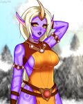  absurd_res big_breasts blush breasts clothed_female clothing dress evergreen_tree female hair hi_res horn horned_humanoid humanoid humanoid_pointy_ears laughing_fishy league_of_legends lips lipstick long_hair makeup not_furry plant ponytail purple_body purple_lipstick purple_skin raised_arm riot_games shy solo soraka standing tattoo thick_lips tree video_games white_hair yellow_eyes 
