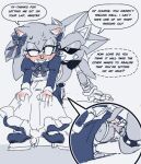  anal anthro anus arrow_hearted blush bodily_fluids butt clothed clothing crossdressing dialogue duo maid_uniform male male/male neo_metal_sonic sega sonic_the_hedgehog sonic_the_hedgehog_(series) speech_bubble sweat uniform upskirt 