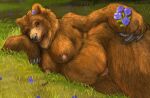  anthro big_breasts breasts brown_bear caribou_(artist) claws female flower grass holding_object looking_aside lying mammal navel nude on_side outside overweight plant solo ursid ursine 