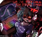 4_hands :3 artist_name big_breasts black_eyeshadow black_hair black_sclera blood blood_from_eye blush blush_lines bodily_fluids bottomless bow_ribbon breasts brown_body brown_skin calamity_(terraria_mod) can cat_ear_headband clothed clothing computer computer_keyboard computer_mouse container corpse cute_fangs cyn_(murder_drones) darkness desk diddlydooter1 digital_drawing_(artwork) digital_media_(artwork) directional_arrow disguise earless eldritch_abomination electronics eyeshadow fangs female flirting flirting_with_viewer freckled_face freckles furniture gamer_girl gaming gesture glitch_productions glowing glowing_eyes grey_tongue hair half-closed_eyes hand_gesture headphones heart_symbol hearts_around_head hi_res hikikomori holding_can holding_container holding_object human humanoid leg_tattoo long_hair looking_at_viewer machine makeup mammal monitor monster_energy multi_hand murder_drones narrowed_eyes neet nightmare_fuel noseless open_mouth patchwork_creature pink_headphones playing_video_game purple_clothing purple_shirt purple_topwear red_text rgb_lighting robot robot_humanoid scar scars_all_over screen screen_face seam_(sewing) sharp_teeth shirt signature simple_background sitting skinsuit solo stitch_(sewing) surgical_suture table tattoo teeth terraria tessa_(murder_drones) text the_devourer_of_gods_(terraria_mod) thick_thighs tight_clothing toilet_paper tongue topwear undead unusual_anatomy v_sign video_game_reference white_body wide_hips worker_drone x3 x_eyes yellow_eyes zombie