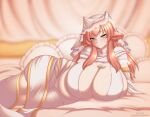  animal_humanoid bed big_breasts blush bovid bovid_humanoid bovine bovine_humanoid breasts cakecatboy cattle_humanoid female furniture green_eyes hair horn horned_humanoid huge_breasts humanoid mammal mammal_humanoid orange_hair smile solo thick_thighs wide_hips 