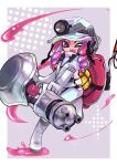  1girl absurdres boots border commentary_request drill_hair fang full_body gloves golden_egg_(splatoon) grey_boots grey_gloves highres holding holding_weapon ink innertube long_hair looking_at_viewer lovekebabuchin mining_helmet nautilus_(splatoon) octoling octoling_girl octoling_player_character one_eye_closed outside_border paint pink_eyes pink_hair rubber_boots rubber_gloves salmon_run_(splatoon) short_eyebrows smile solo splatoon_(series) splatoon_3 standing standing_on_one_leg swim_ring teeth tentacle_hair thick_eyebrows twin_drills upper_teeth_only weapon white_border 