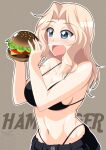 1girl :d background_text bikini bikini_under_clothes black_bikini breasts burger cleavage commentary eating english_text food girls_und_panzer halterneck highleg highleg_bikini highres holding holding_food ichijou_takakiyo kay_(girls_und_panzer) looking_to_the_side medium_breasts navel no_shirt open_mouth outline smile solo swimsuit white_outline 