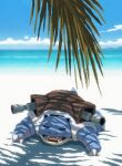  absurdres beach blastoise cannon claws closed_eyes cloud day fangs highres hyogonosuke lying no_humans ocean on_stomach open_mouth pokemon pokemon_(creature) shade sky sleeping solo water 