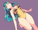  animal_print bare_shoulders barefoot blue_hair clip_studio_paint_(medium) covered_navel horns leotard long_hair looking_at_viewer lum mamanooke one-piece_swimsuit oni open_mouth purple_background swimsuit teeth tiger_print urusei_yatsura yellow_eyes yellow_horns yellow_leotard yellow_one-piece_swimsuit 