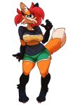  anthro black_clothing black_shirt black_topwear bottomwear canid canine claws clothing cute_fangs female fox green_eyes hair hi_res mammal pawpads pepper_(sketchytoasty) red_hair shirt shorts simple_background sketchytoasty solo topwear 