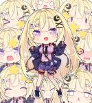  >_< 1girl :d :q :t @_@ ^_^ absurdres bag black_boots black_jacket black_necktie blonde_hair blush blush_stickers boots breasts chibi closed_eyes closed_mouth collared_shirt commentary_request commission copyright_request crescent crescent-shaped_pupils crescent_hair_ornament hair_intakes hair_ornament hairclip hands_up highres jacket large_breasts long_hair long_sleeves milkpanda multiple_views navel necktie nose_blush open_clothes open_jacket pink_shirt plaid_clothes plaid_skirt pleated_skirt puffy_long_sleeves puffy_sleeves purple_eyes purple_skirt purple_socks ribbed_socks shirt short_eyebrows shoulder_bag single_fishnet_legwear single_sock single_thighhigh skeb_commission skirt sleeves_past_wrists smile socks solid_oval_eyes standing star_(symbol) symbol-shaped_pupils thick_eyebrows thighhighs tongue tongue_out very_long_hair wavy_mouth x_hair_ornament 