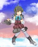  1girl adapted_turret blue_bow blue_bowtie blue_sky bob_cut boots bow bowtie braid brown_dress brown_eyes cannon cloud cross-laced_footwear dress full_body gradient_sky green_hair grey_legwear halterneck highres kantai_collection lace-up_boots long_sleeves machinery pantyhose pleated_dress school_uniform shirt short_hair short_hair_with_long_locks sidelocks sky solo standing standing_on_liquid takanami_(kancolle) turret white_shirt yashin_(yasinz) 
