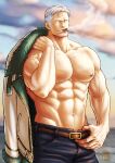  1boy abs artist_logo bara beach blurry blurry_background cigar cloud cloudy_sky facial_hair jacket jacket_on_shoulders kokorozashi large_pectorals leather leather_belt looking_to_the_side male_focus manly mature_male messy_hair muscular muscular_male navel nipples obliques ocean one_piece pants pectorals scar scar_on_face sky smoke smoker_(one_piece) smoking solo sunset sweat sweatdrop symbol-only_commentary teeth thick_arms topless_male undercut veins veiny_arms white_hair yellow_eyes 