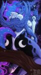 2025 absurd_res anthro armor black_markings blue_eyes blue_lips blue_nails butt clothing colored colored_nails cosmic_hair cosmic_tail cutie_mark digital_drawing_(artwork) digital_media_(artwork) equid equine ethereal_hair feathered_wings feathers female friendship_is_magic hasbro hi_res holding_melee_weapon holding_object holding_sword holding_weapon horn leotard lips looking_at_viewer looking_back looking_back_at_viewer mammal markings melee_weapon my_little_pony mythological_creature mythological_equine mythology nails night plant princess_luna_(mlp) rear_view shaded sitting sky solo star starry_sky sword tree valeris weapon winged_unicorn wings