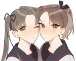  2girls ayanami_(kancolle) ayanami_kai_ni_(kancolle) bangs black_ribbon black_sailor_collar blush brown_hair closed_mouth eyebrows_visible_through_hair grey_hair hair_ribbon highres kantai_collection long_hair looking_at_viewer multiple_girls one_eye_closed ponytail portrait puckered_lips ribbon sailor_collar shikinami_(kancolle) shikinami_kai_ni_(kancolle) side_ponytail simple_background su_konbu symbol-only_commentary white_background yellow_eyes 